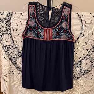 Skies are Blue Embroidered Navy Sleeveless Top Size XL